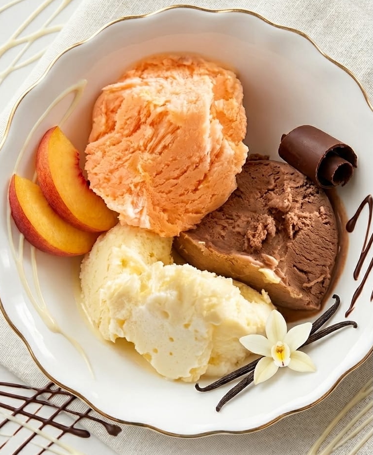 Frozen Charm - Three scoops of artisan ice cream in an elegant bowl